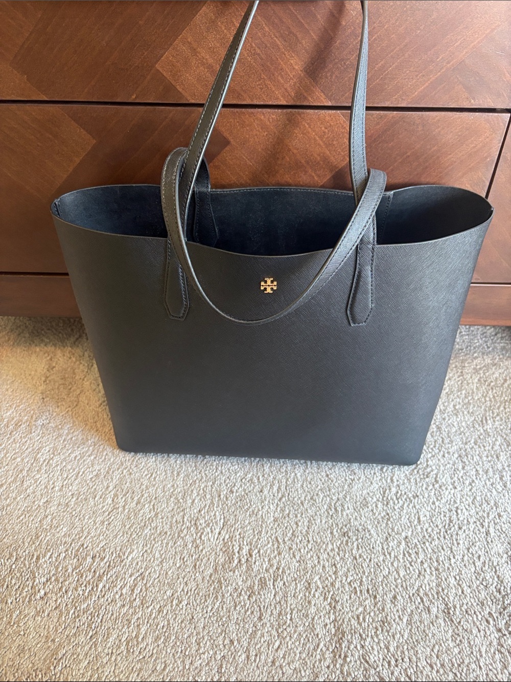 Tory Burch Black Saffiano Leather Tote with Gold Logo